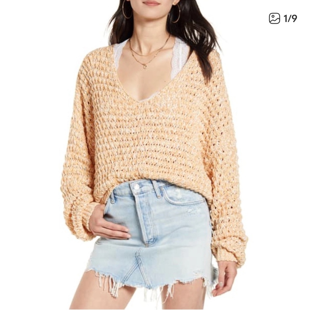 Free People Coconut Chunky V-Neck Sweater in Sandy Peach